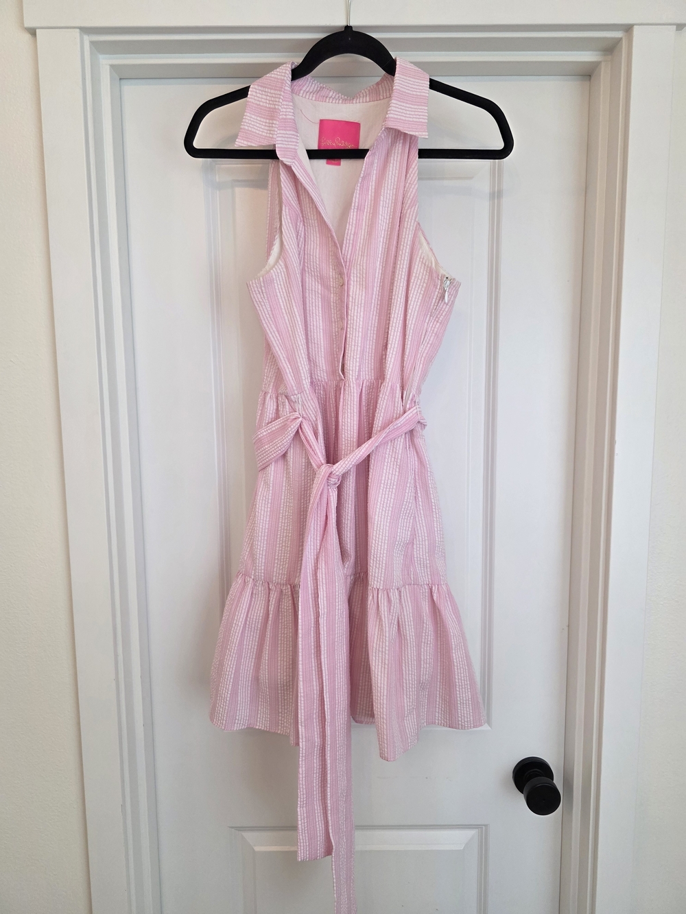 Lilly Pulitzer Pink Striped Sleeveless Collared Tie-Waist Dress